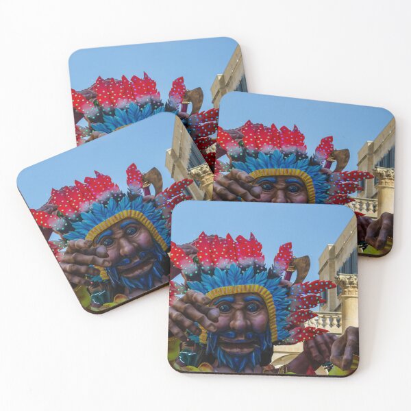 Item preview, Vibrant Carnival Character With Blue Feather Headdress Reaching Toward Camera at Street Festival designed and sold by Nmallia.