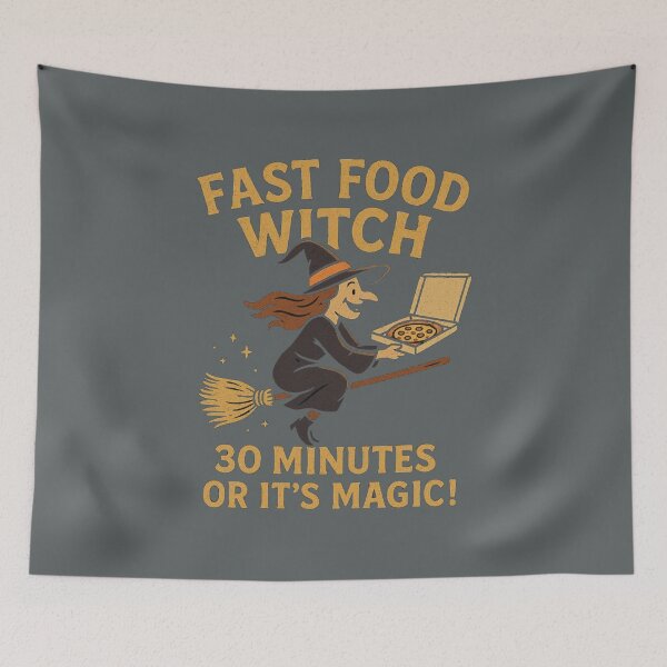 Item preview, Fast Food Witch Pizza T-Shirt | Funny Halloween Pizza Delivery Design | 30 Minutes or It’s Magic Quote designed and sold by KDesignCrafts.