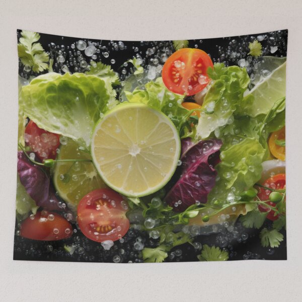 Item preview, Fresh vegetable salad with citrus, cherry tomatoes, and lettuce in water splash, AI generated designed and sold by dvoevnore.
