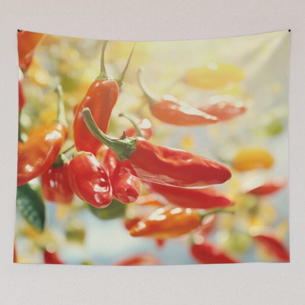 Item preview, Hanging red and orange chili peppers with blurred background, AI generated designed and sold by dvoevnore.