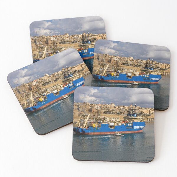 Item preview, Blue Offshore Support Vessel in Grand Harbor, Malta, with Historic Fortified City Skyline designed and sold by Nmallia.