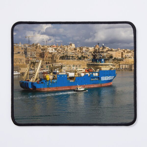 Item preview, Blue Offshore Support Vessel in Grand Harbor, Malta, with Historic Fortified City Skyline designed and sold by Nmallia.