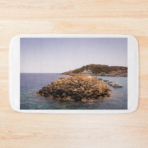 Item preview, Harbor Breakwater With Red White Lighthouse and Boats At Sunny Coastal Town Harborfront View designed and sold by Nmallia.