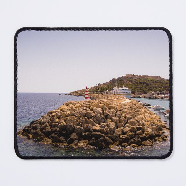 Item preview, Harbor Breakwater With Red White Lighthouse and Boats At Sunny Coastal Town Harborfront View designed and sold by Nmallia.