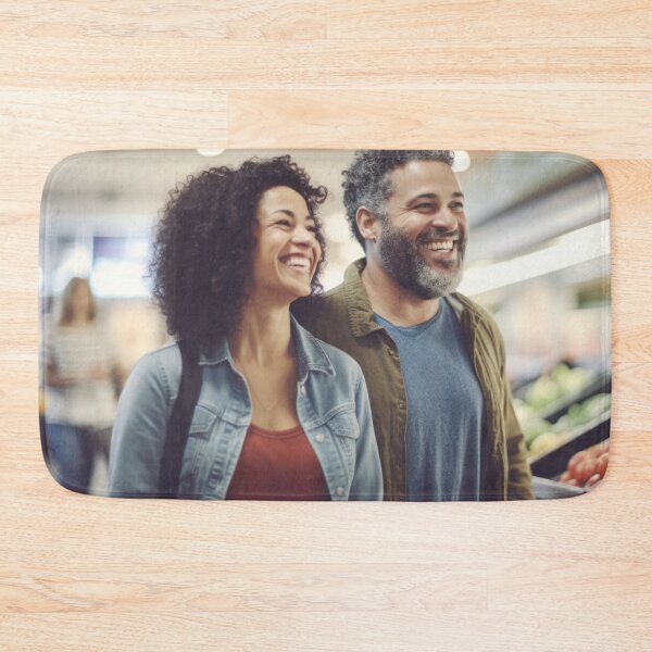 Item preview, Middle aged couple shopping in grocery store aisle, soft focused background copy space, AI generated designed and sold by dvoevnore.