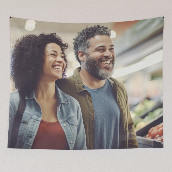 Item preview, Middle aged couple shopping in grocery store aisle, soft focused background copy space, AI generated designed and sold by dvoevnore.