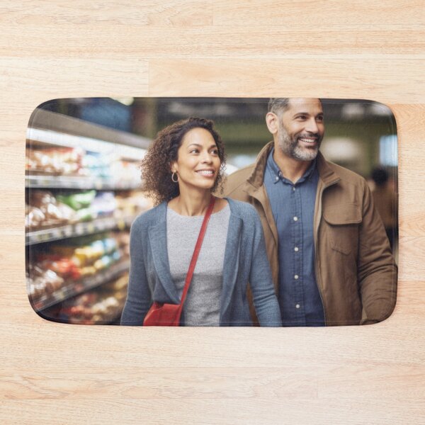 Item preview, Middle aged couple shopping in grocery store aisle, soft focused background copy space, AI generated designed and sold by dvoevnore.