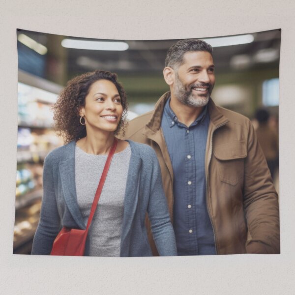 Item preview, Middle aged couple shopping in grocery store aisle, soft focused background copy space, AI generated designed and sold by dvoevnore.