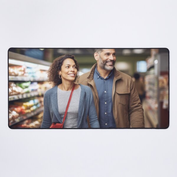Item preview, Middle aged couple shopping in grocery store aisle, soft focused background copy space, AI generated designed and sold by dvoevnore.