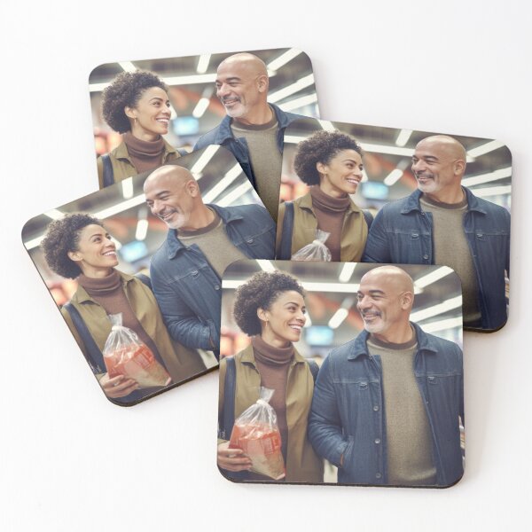 Item preview, Middle aged couple shopping in grocery store aisle, soft focused background copy space, AI generated designed and sold by dvoevnore.