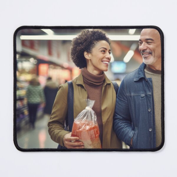 Item preview, Middle aged couple shopping in grocery store aisle, soft focused background copy space, AI generated designed and sold by dvoevnore.
