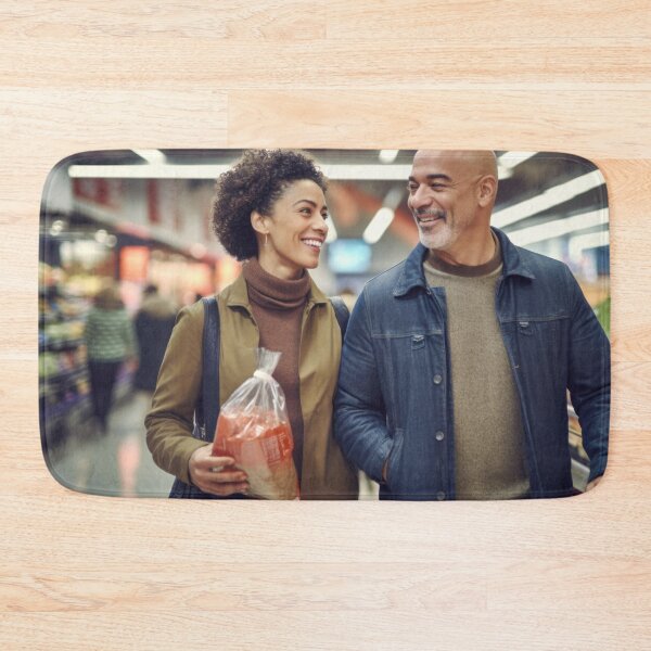 Item preview, Middle aged couple shopping in grocery store aisle, soft focused background copy space, AI generated designed and sold by dvoevnore.