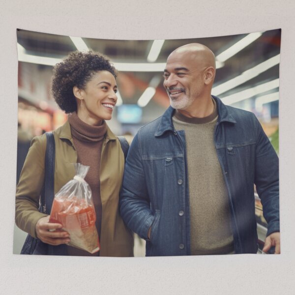 Item preview, Middle aged couple shopping in grocery store aisle, soft focused background copy space, AI generated designed and sold by dvoevnore.