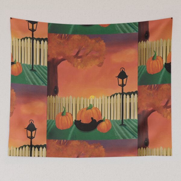 Item preview, Watercolor Autumn Scene Pumpkins and Black Cats designed and sold by HydrangeaDelMar.