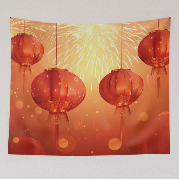 Item preview, Traditional Chinese lanterns against fireworks in night sky, background, AI generated designed and sold by dvoevnore.