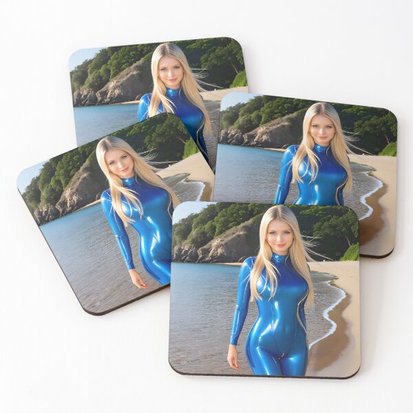 Item preview, Glossy Blue Latex Catsuit Walk on Secluded Beach designed and sold by Magic-Reality.