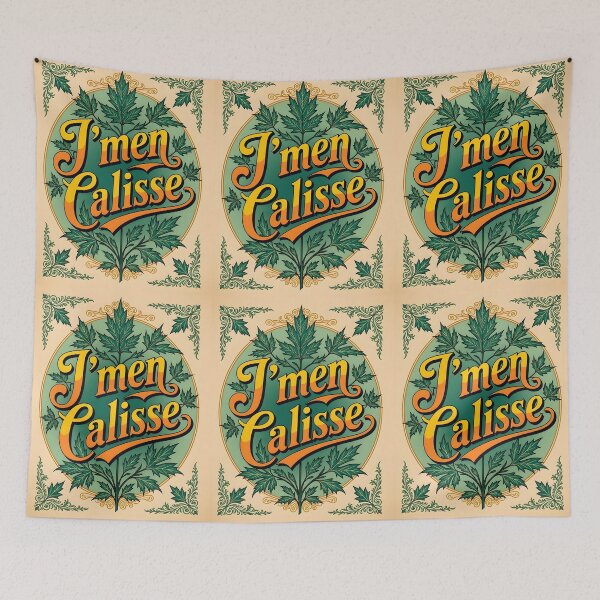 Item preview, J’men Calisse – Elegant Yellow Text on Vintage Paper with Green Maple Leaves designed and sold by EmeraldeaArt.