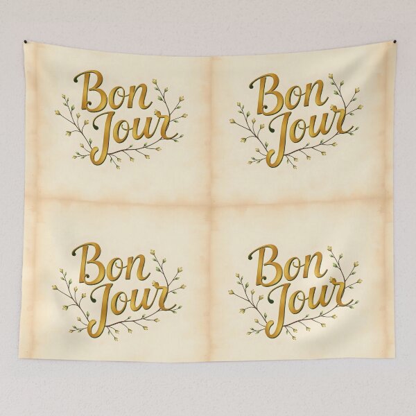 Item preview, Bonjour – Gold Script with Yellow Flowers on Vintage Paper designed and sold by EmeraldeaArt.