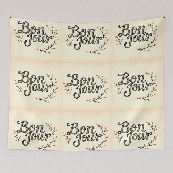 Item preview, Bonjour – Black Vintage Text with Fall Flowers on Vintage Paper designed and sold by EmeraldeaArt.
