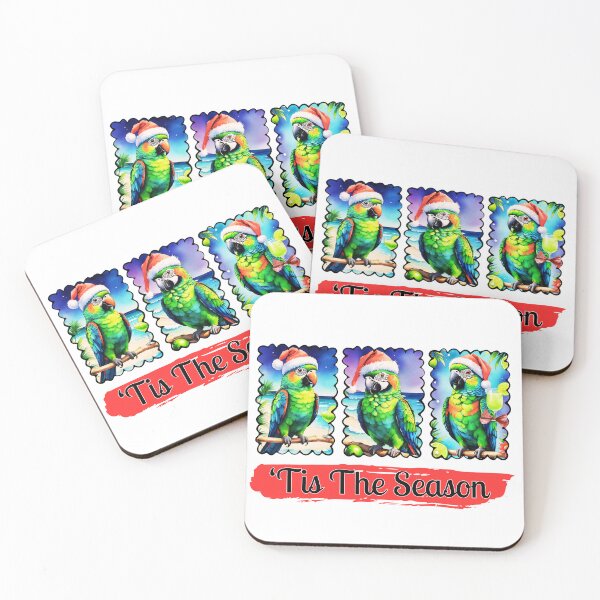 Item preview, Tropical Parrots Christmas Design | 3 Festive Birds in Santa Hats with Beach Vacation Vibes designed and sold by Sun Sand & Sea Art.