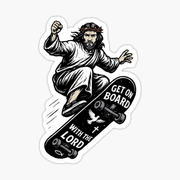 On Board With The Lord - Skateboarding Jesus Sticker