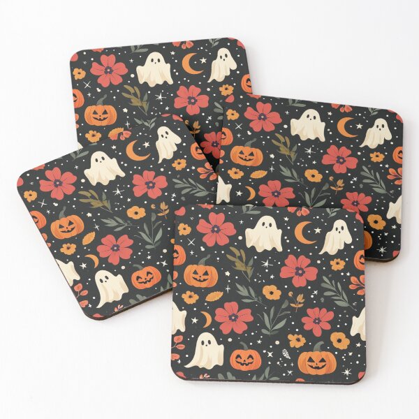 Item preview, Halloween Floral Pattern With Pumpkins, Ghosts, And Orange Red Flowers On Dark Night Background designed and sold by Rue Market.