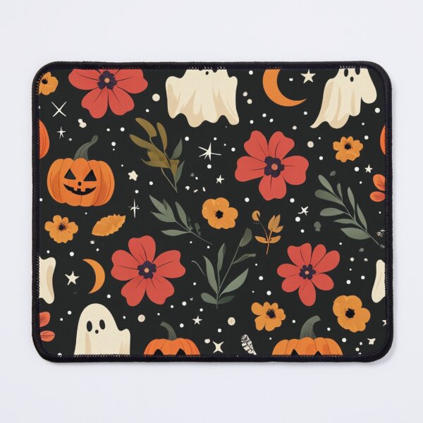 Item preview, Halloween Floral Pattern With Pumpkins, Ghosts, And Orange Red Flowers On Dark Night Background designed and sold by Rue Market.