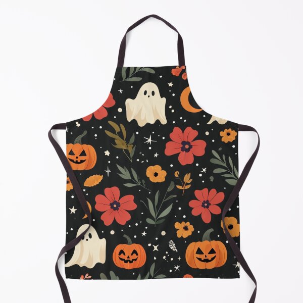 Item preview, Halloween Floral Pattern With Pumpkins, Ghosts, And Orange Red Flowers On Dark Night Background designed and sold by Rue Market.