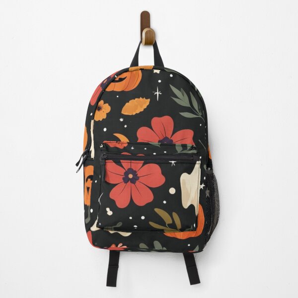Item preview, Halloween Floral Pattern With Pumpkins, Ghosts, And Orange Red Flowers On Dark Night Background designed and sold by Rue Market.