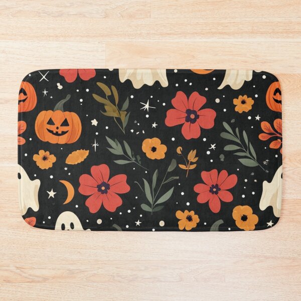 Item preview, Halloween Floral Pattern With Pumpkins, Ghosts, And Orange Red Flowers On Dark Night Background designed and sold by Rue Market.