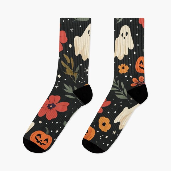 Item preview, Halloween Floral Pattern With Pumpkins, Ghosts, And Orange Red Flowers On Dark Night Background designed and sold by Rue Market.