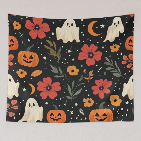 Item preview, Halloween Floral Pattern With Pumpkins, Ghosts, And Orange Red Flowers On Dark Night Background designed and sold by Rue Market.
