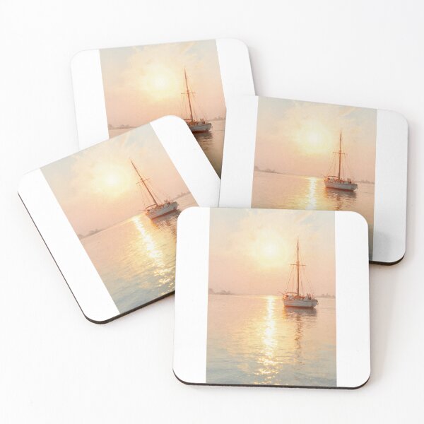 Item preview, Tranquil Ocean Sunset with Boat – Impressionist Seascape designed and sold by natthaaekf.
