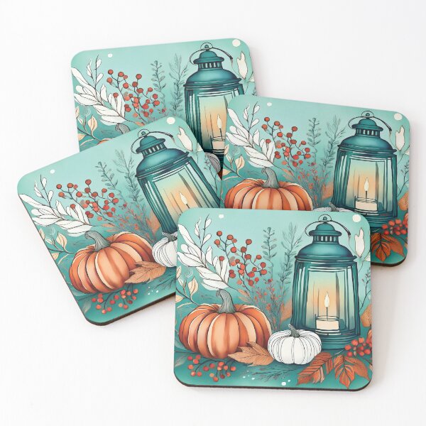 Item preview, TEAL Fall Lantern, fall season minimalist maple leaves, orange and black maple leaf watercolour painting, vintage autumn theme leaf watercolour  designed and sold by navitalidesign.