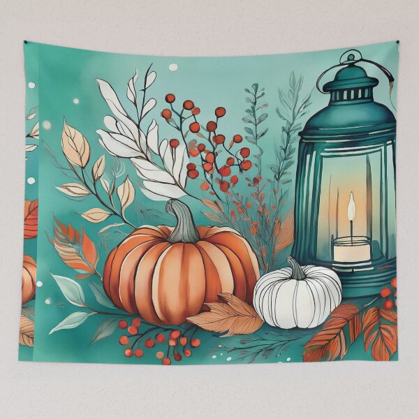 Item preview, TEAL Fall Lantern, fall season minimalist maple leaves, orange and black maple leaf watercolour painting, vintage autumn theme leaf watercolour  designed and sold by navitalidesign.