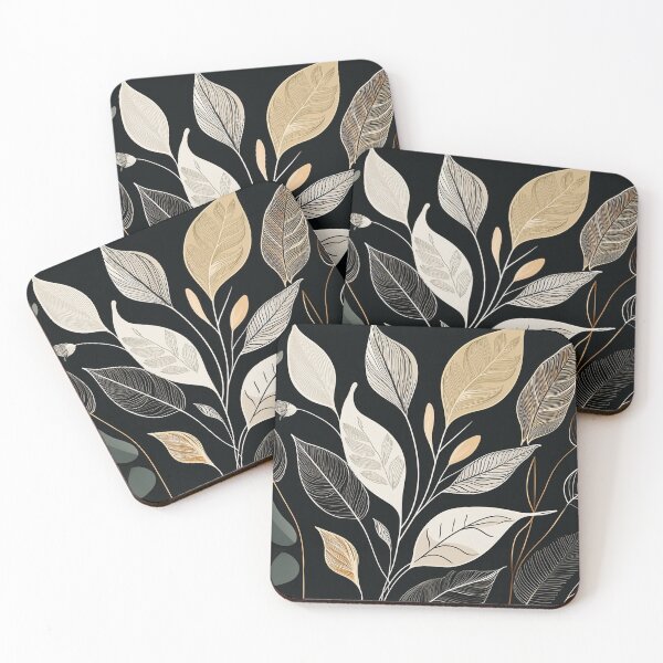 Item preview, Fall season minimalist leaves, beige neutral colors on black leaf outlines watercolour painting, vintage, black background autumn theme leaf watercolour  designed and sold by navitalidesign.