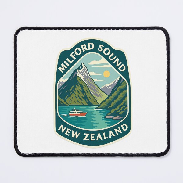Item preview, Boat in Milford Sound with Snowy Peaks New Zealand designed and sold by Aryabek.