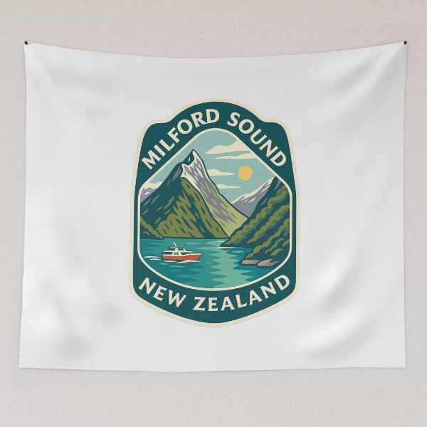 Item preview, Boat in Milford Sound with Snowy Peaks New Zealand designed and sold by Aryabek.