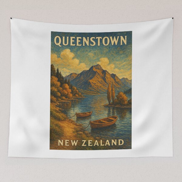 Item preview, Queenstown Lakeside View with Boats and Autumn Trees designed and sold by Aryabek.