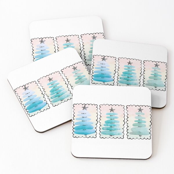 Item preview, Watercolor Sea Glass Christmas Trees Design | 3 Festive Trees with Vintage Sunset Background designed and sold by Sun Sand & Sea Art.
