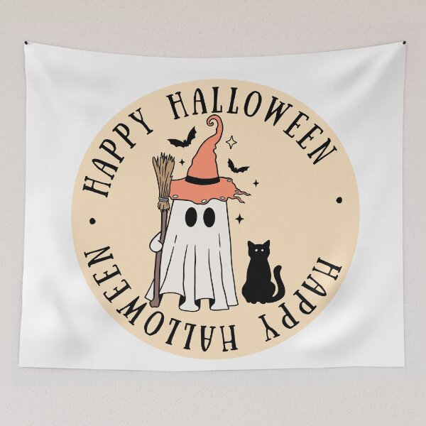 Item preview, Happy Halloween with kawaii ghost and black cat designed and sold by Wickedsherry13.