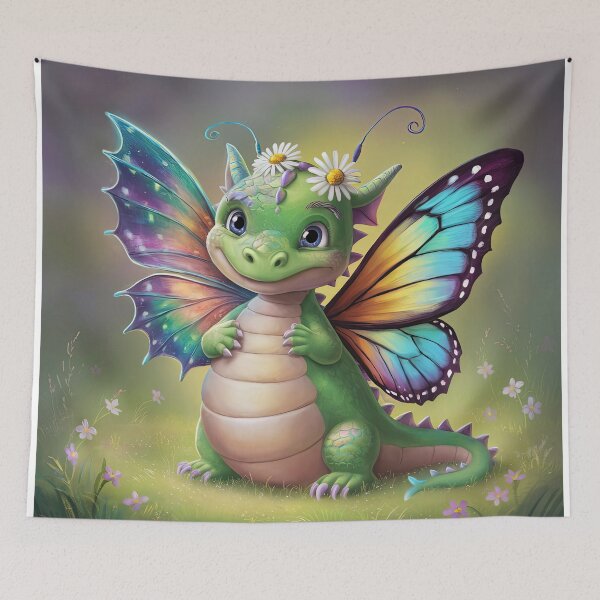 Item preview, cute dragon smiling fantasy cute dragon with butterfly wings with flowers on a green meadow,Legendary Animals,dragon art,Legendary dragon designed and sold by Expressions-Sel.