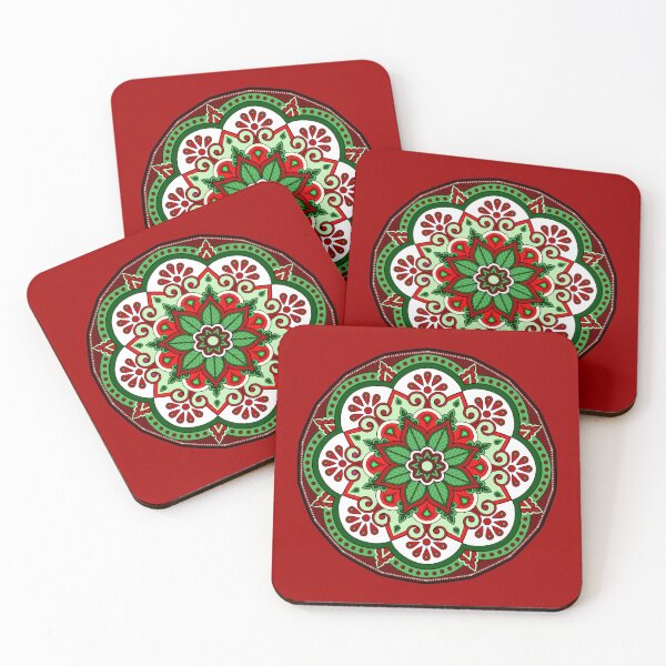 Item preview, Floral Christmas festive red green holidays snowflake ornament mandala pattern designed and sold by DivineMandala.