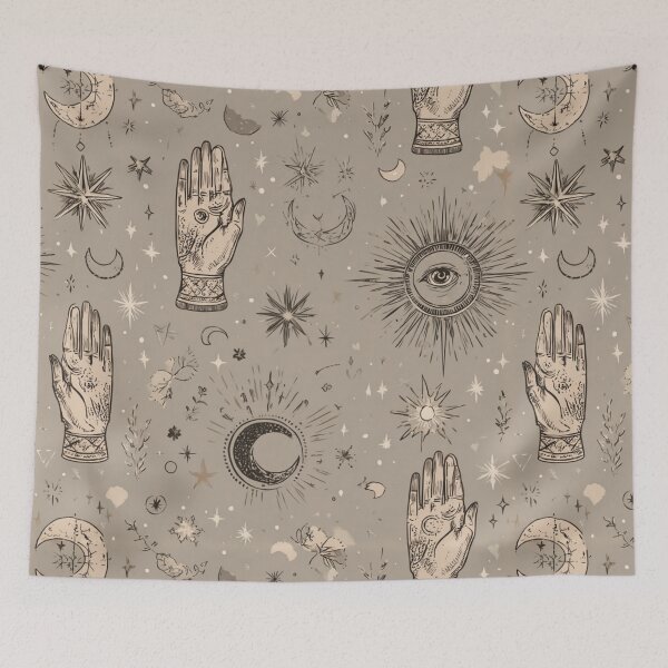 Item preview, Celestial illustration, background, pattern, stars, sun, hand, witchy, halloween, notebook designed and sold by pmakesArt.