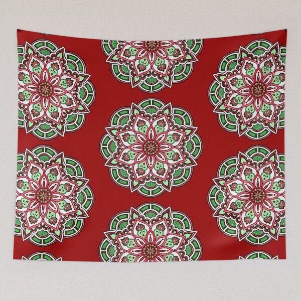 Item preview, Holidays Christmas festive red green snowflake ornament mandala pattern designed and sold by DivineMandala.