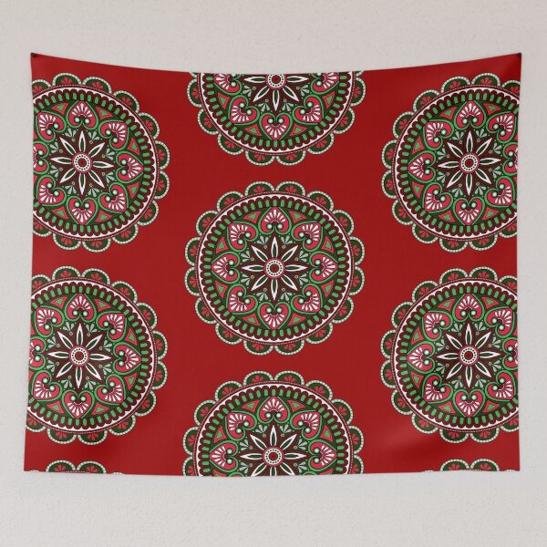 Item preview, Red Floral Christmas festive green holidays snowflake ornament mandala pattern designed and sold by DivineMandala.