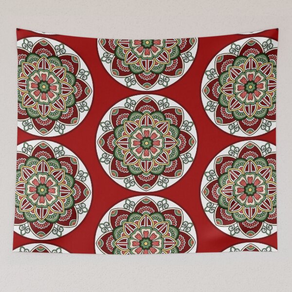 Item preview, Seasonal Red Floral Christmas festive green holidays snowflake mandala pattern designed and sold by DivineMandala.
