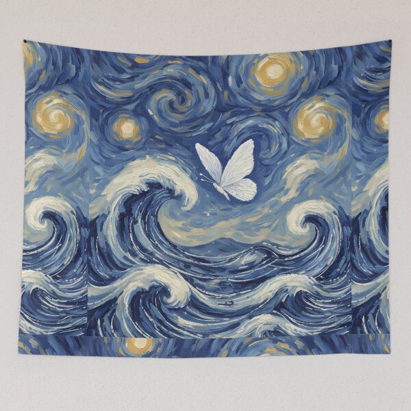 Item preview, Starry Night Waves & Butterfly — Celestial Ocean Art Print designed and sold by DreamiCanvas.