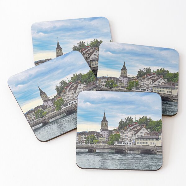 Item preview, Zurich old town view from the river area with the view of Grossmunster and Fraumunster church clock towers, Switzerland designed and sold by goceris.
