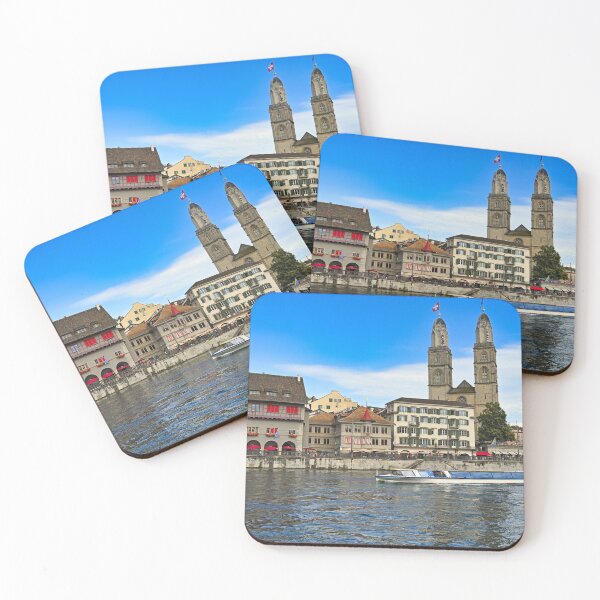 Item preview, Zurich city center with famous Grossmunster churh and a tourist boat sails on the river Limmat, Switzerland designed and sold by goceris.